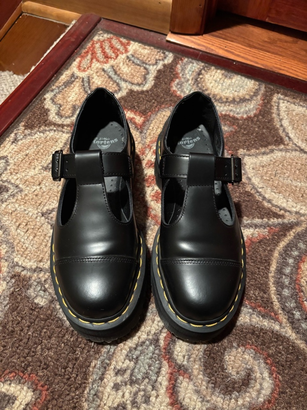 Dr. Martens Womens Black T-Strap Mary Jane Shoes with Yellow Stitching - Picture 2 of 7